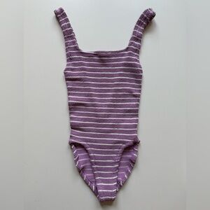 Hunza G x Helena Christensen Square Neck Lavender & White Stripe Swimsuit - O/S